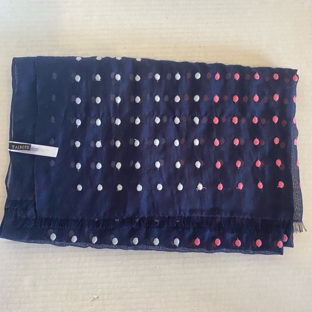 Talbots Lightweight Blue Scarf Wrap White and Pink Embroidered Dots Classic Fun